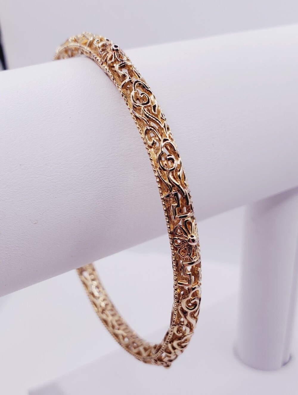 18k Yellow Gold - 925 Sterling Silver Filigree Women's Bangle Flower Bracelet
